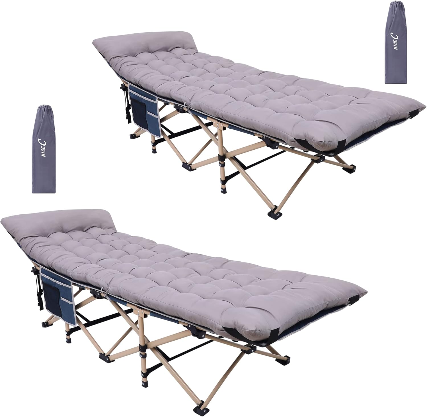 Nice C Camping Cots with Cushion, Camping Cots with Mattress, for Adults, Folding Cot, with Pillow, Carry Bag & Storage Pocket, Extra Wide Sturdy, Holds Up to 500 Lbs (1, Mattress Grey)