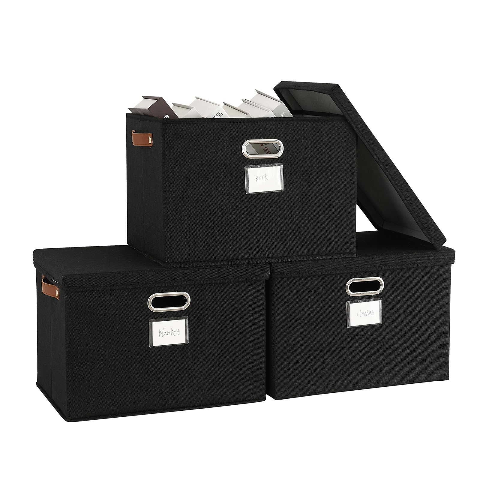 Bagnizer 3PCS Aufbewahrungsbox mit Deckel Faltbare Stoff große Aufbewahrungsbehälter Stapelbare Aufbewahrungskörbe für Regale Organizer Box für Kleidung Schwarz Dekorative Aufbewahrung 43x30x30cm