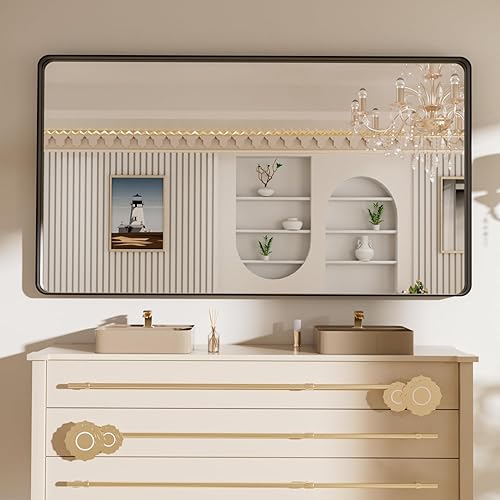 Miniatura 385 de LOAAO - Espejo de tocador para baño con marco de metal negro mate de 24 x 32 pulgadas para pared, rústico, rectangular, grande, redondeado