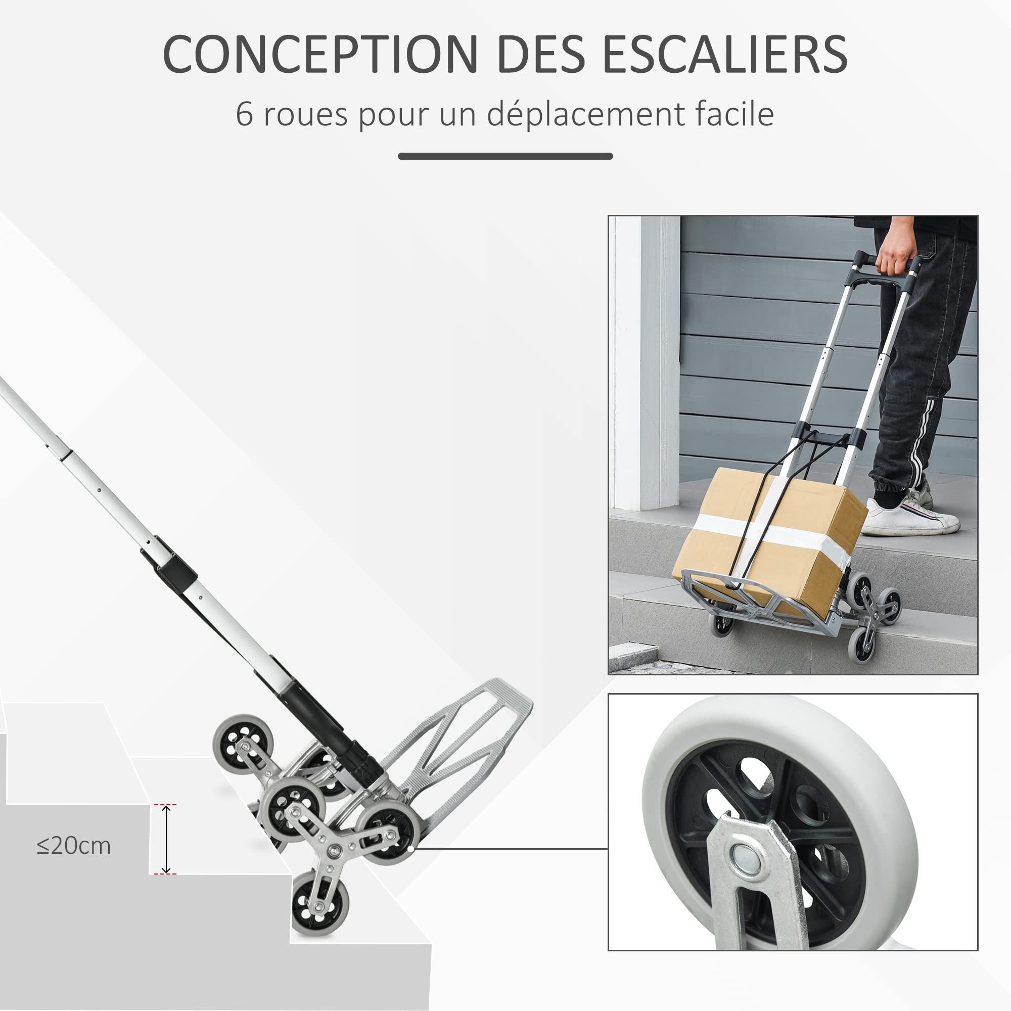 DURHAND Diable Escalier Pliant en Aluminium 6 Roues 70 kg Argent et Noir