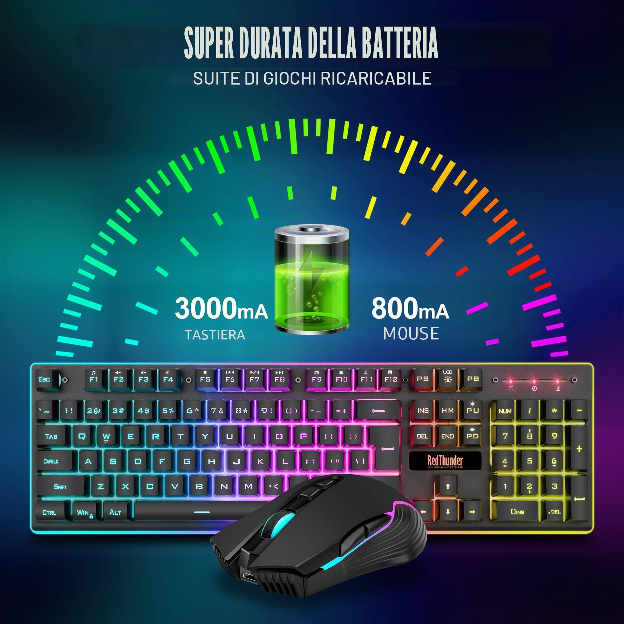 RedThunder K10 Tastiera Gaming Meccanica Lncablata, Retroilluminazione a LED, Batteria 3800mAh, Anti-ghosting, Mouse 7D 3200DPI, Disposizione ES, per PC/PS5/Xbox - Nero