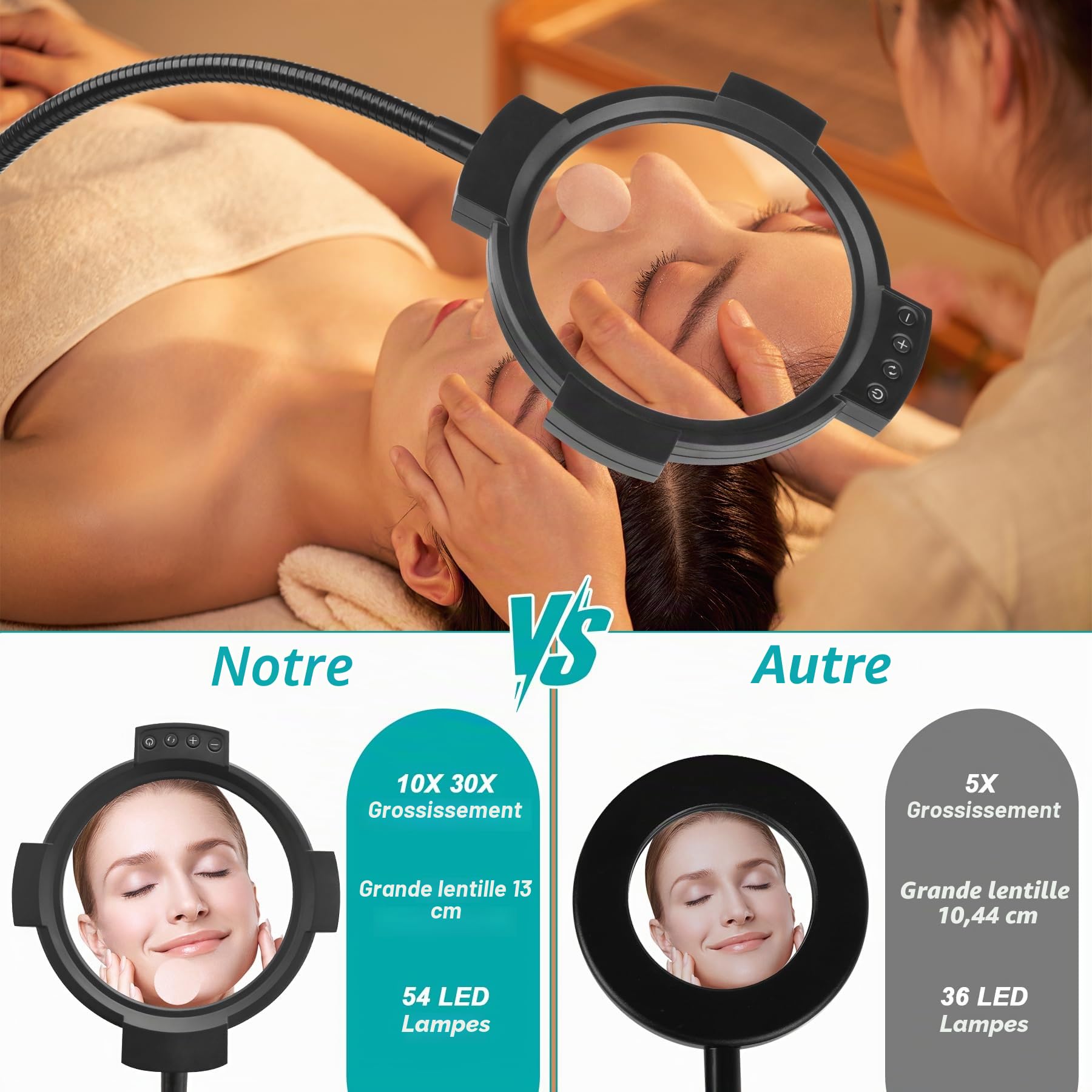 Loupe grossissante 10X 30X avec lumière et sur pied, lampadaire à 54 LED à intensité variable, 3 niveaux, loupe lumineuse 2-en-1 col de cygne pour la lecture, la couture, l'artisanat, le travail de