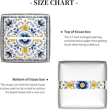 Square Tissue Box Cover Ceramic Tiles Vintage Ethnic Floral Cube Tissue Holder Cover Pu Leather Tissue Box Holder for Office Kitchen Car Bathroom Facial Paper Organizer Dispenser Covers