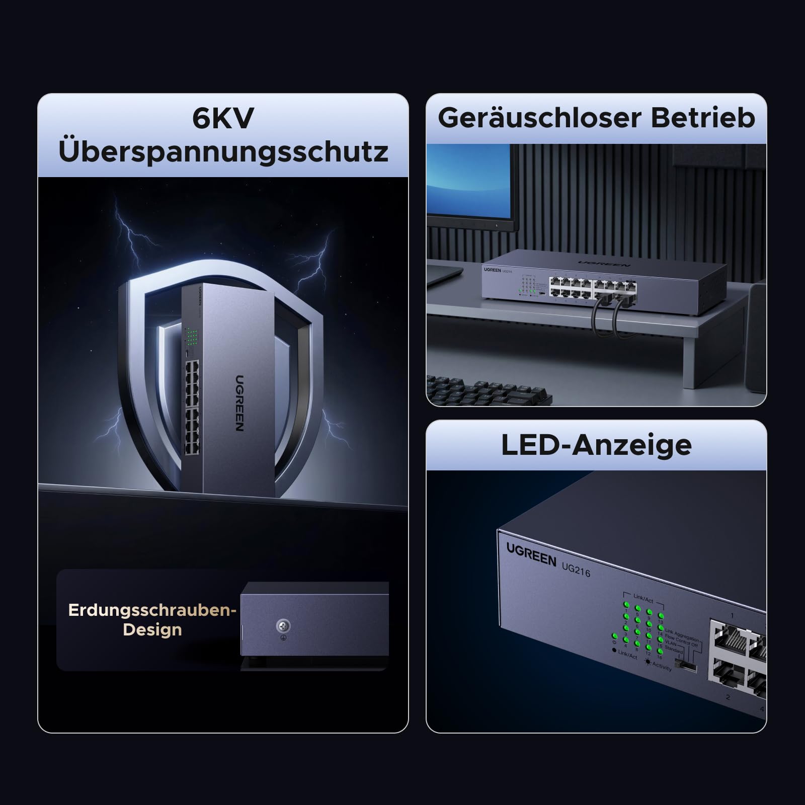UGREEN 16 Port Gigabit LAN Switch, 19 Zoll Rack-Montage (16 Port) | Unmanaged, Netzwerk Switch, 32Gbp/s Switching-Kapazität, Metallgehäuse Ethernet Switch für TV/ Laptop/ Switch/ Router