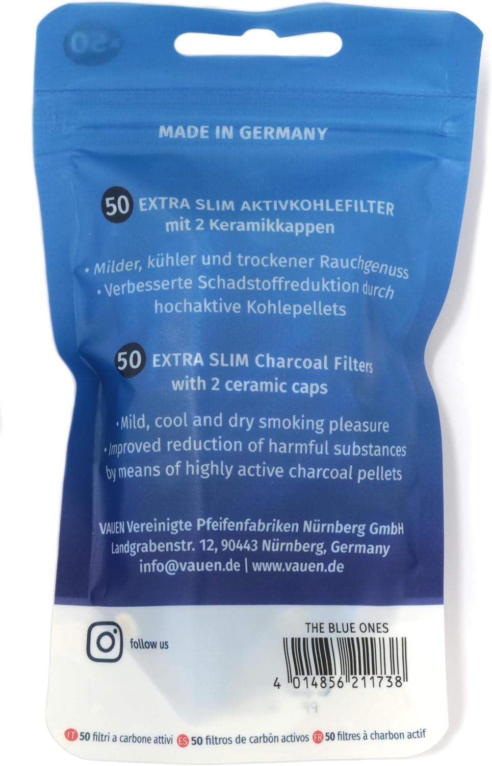 Vauen Blue Activated Charcoal Slim Filters 6mm – Ceramic Caps, Moisture Control, Cool & Dry Draw, German Quality, 50 Pack