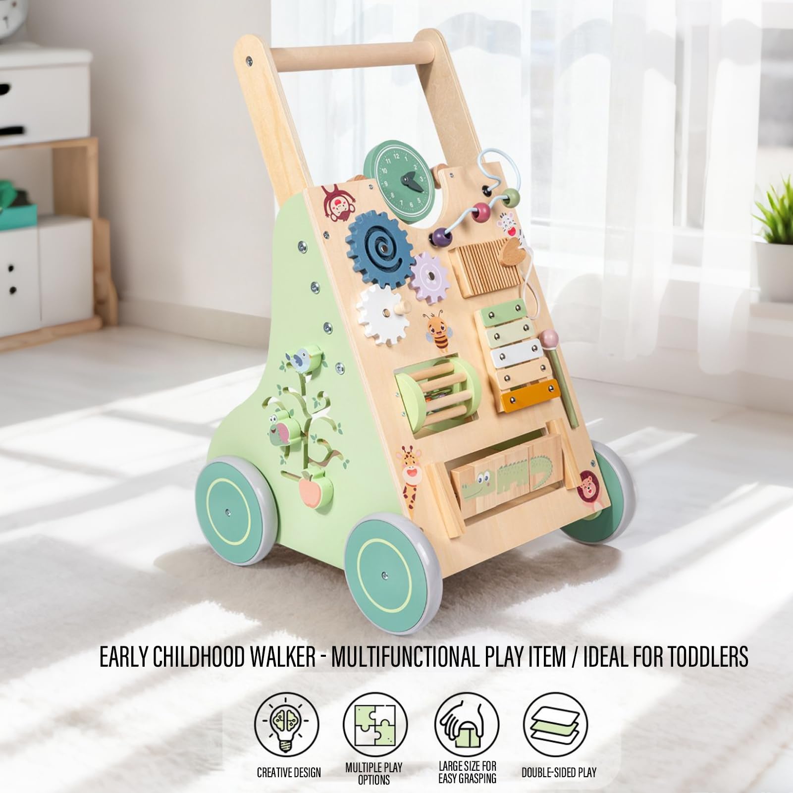 Andador de Madera para Niños Juego Silencioso con Mango Ajustable