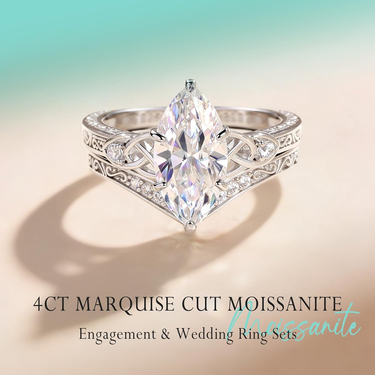 4CT Moissanite Marquise Engagement Ring Set for Women, Heart Shaped Celtic Knot D Color VVS1 S925 Sterling Silver Promise Wedding Band, Bridal Festival Gift with Certificate & Box,Size 5-10 - Image 6