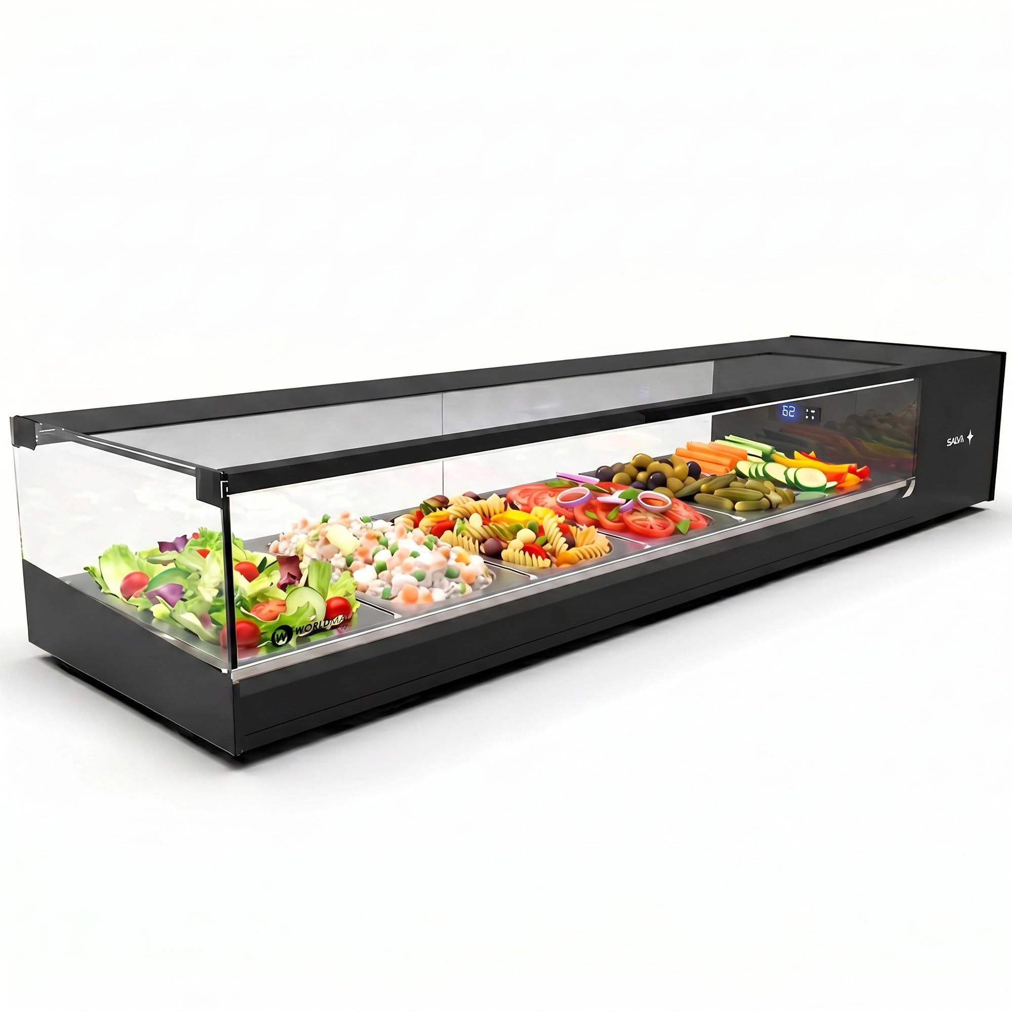 Vitrina de tapas Logic WORLDMAI x SAYL, 132 x 38 cm, 6 cubetas GN 1/3 para hostelería. Vitrina expositora refrigerada profesional de sobremesa con iluminación LED, para bar y restaurante.