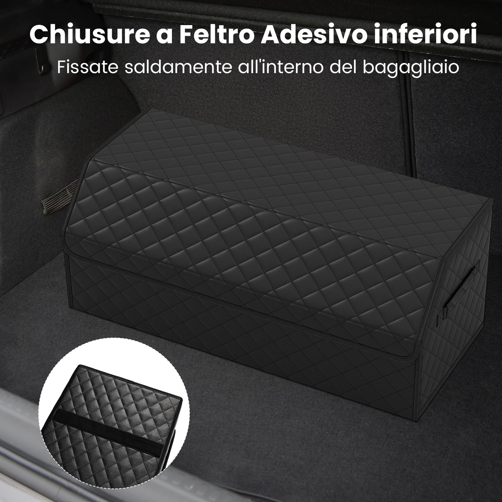COSTWAY Organizer Bagagliaio Auto, Organizer Baule Auto in Pelle con Coperchio e Divisorio Rimovibile, 51 L, Organizzatore Pieghevole per SUV, Berlina, Campeggio e Casa (Finitura trapuntata)