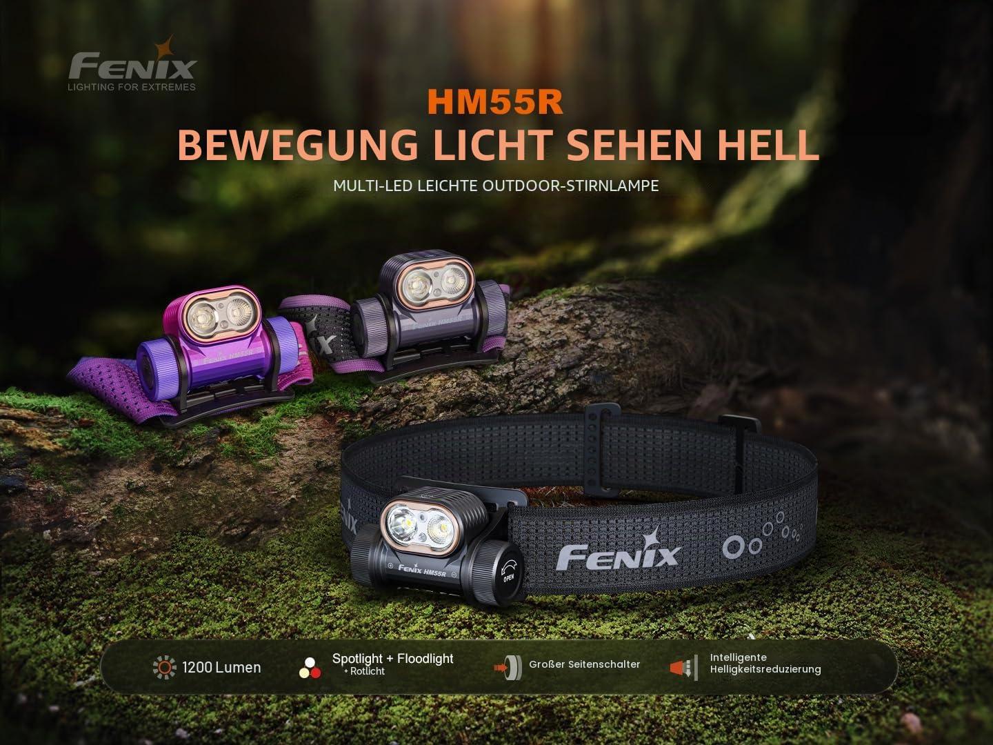 Fenix HM55R Wiederaufladbare Stirnlampe, 1200 Lumen Strahler Flutlicht & Rotlicht, Leicht, Lange Laufzeit, USB Aufladung, Wasserdicht für Camping, Wandern, Laufen mit Lumentac Organizer (Nebular)