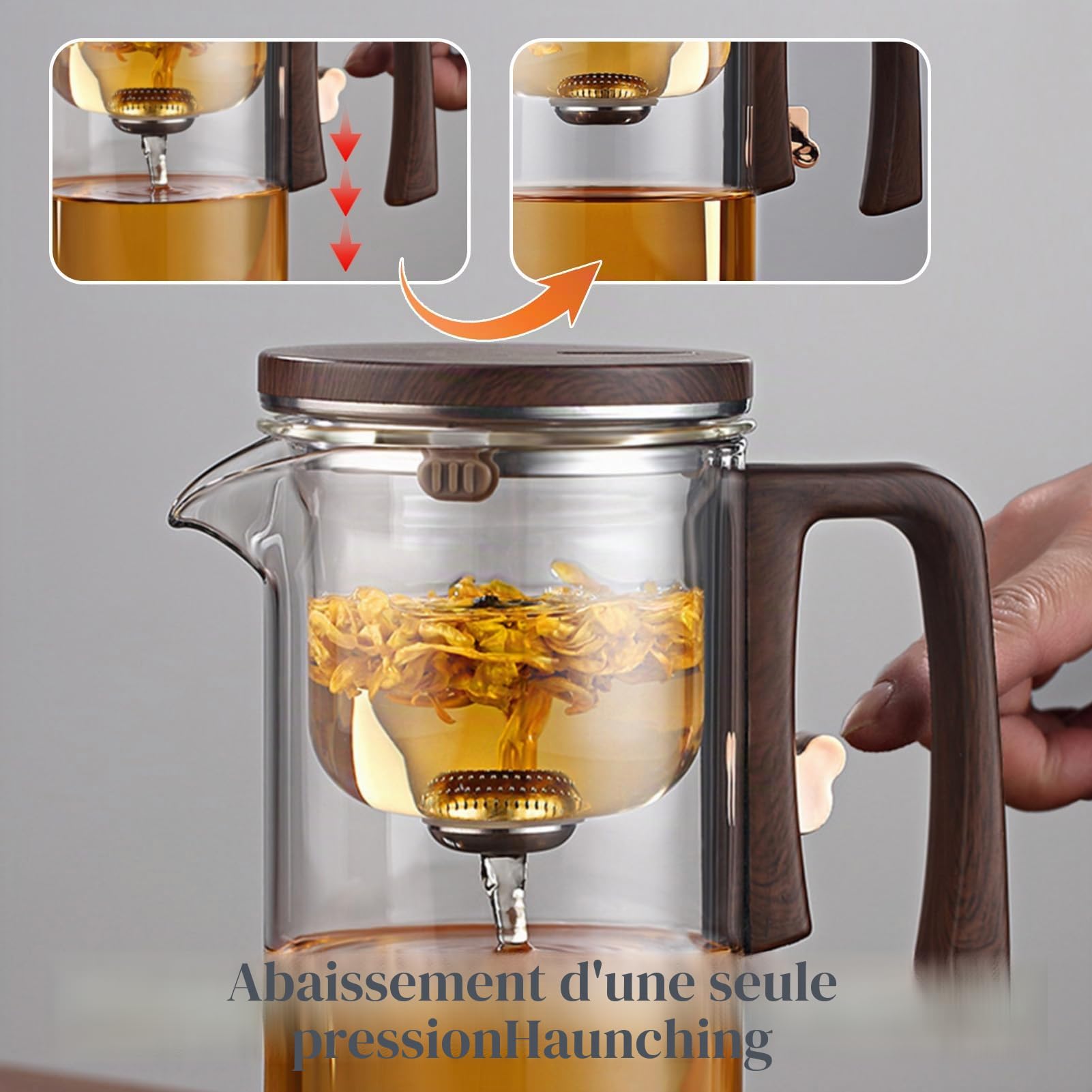 Enchantipot Théière en verre avec infuseur, séparation magique de l'eau, poignée en bois, verre borosilicate résistant à la chaleur, avec passoire (700 ml, transparent)