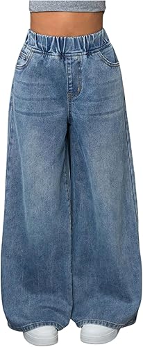 GORGLITTER Girl's Jeans Wide Leg Elastic High Waisted Denim Baggy Pants with Poc