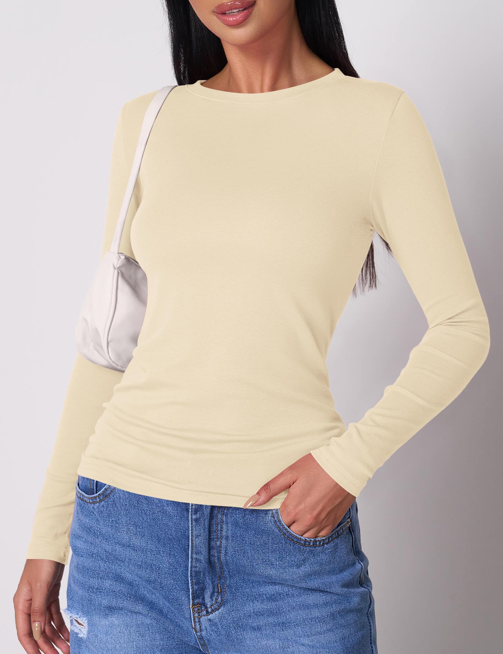 Beluring Camiseta de manga larga para mujer, cuello redondo, ajustada, básica, acanalada