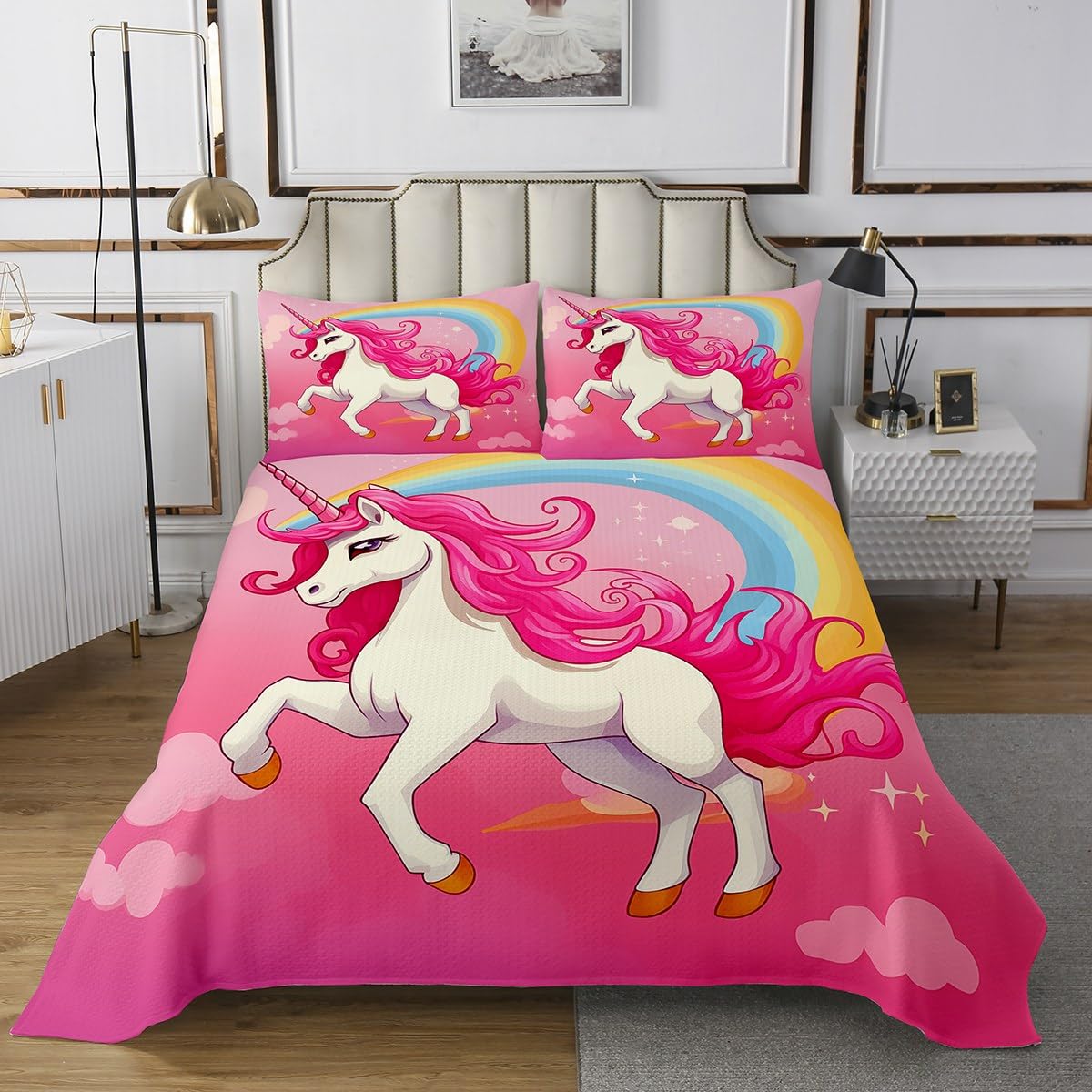 Erosebridal Hot Pink Unicorn Kids Bedspread Twin for Girls Teen,Boho Rainbow Toddler Quilt Bedding Set Kawaii Room Decor,Cute Unicorn Princess Quilts Sets Star Cloud Coverlet Set 2Pcs