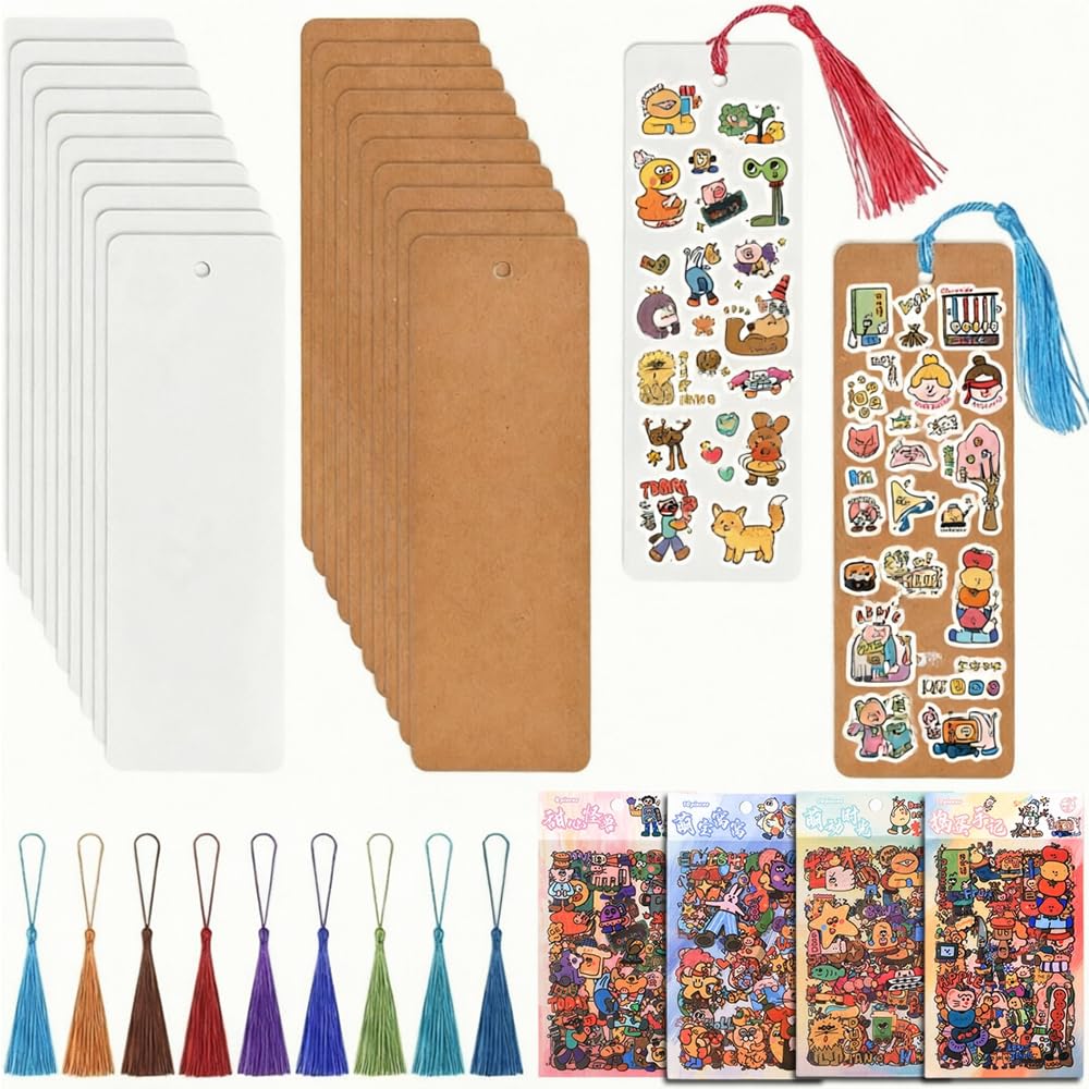 BetterJonny 40 pcs Make Your Own Bookmark, Book Mark Making for Family, Blank Paper Bookmarks with 4 Pack of Stickers and 40 Tassels, DIY Bookmarks So Simple Makes it Easier to Start(Creative Doodles) โ image 1