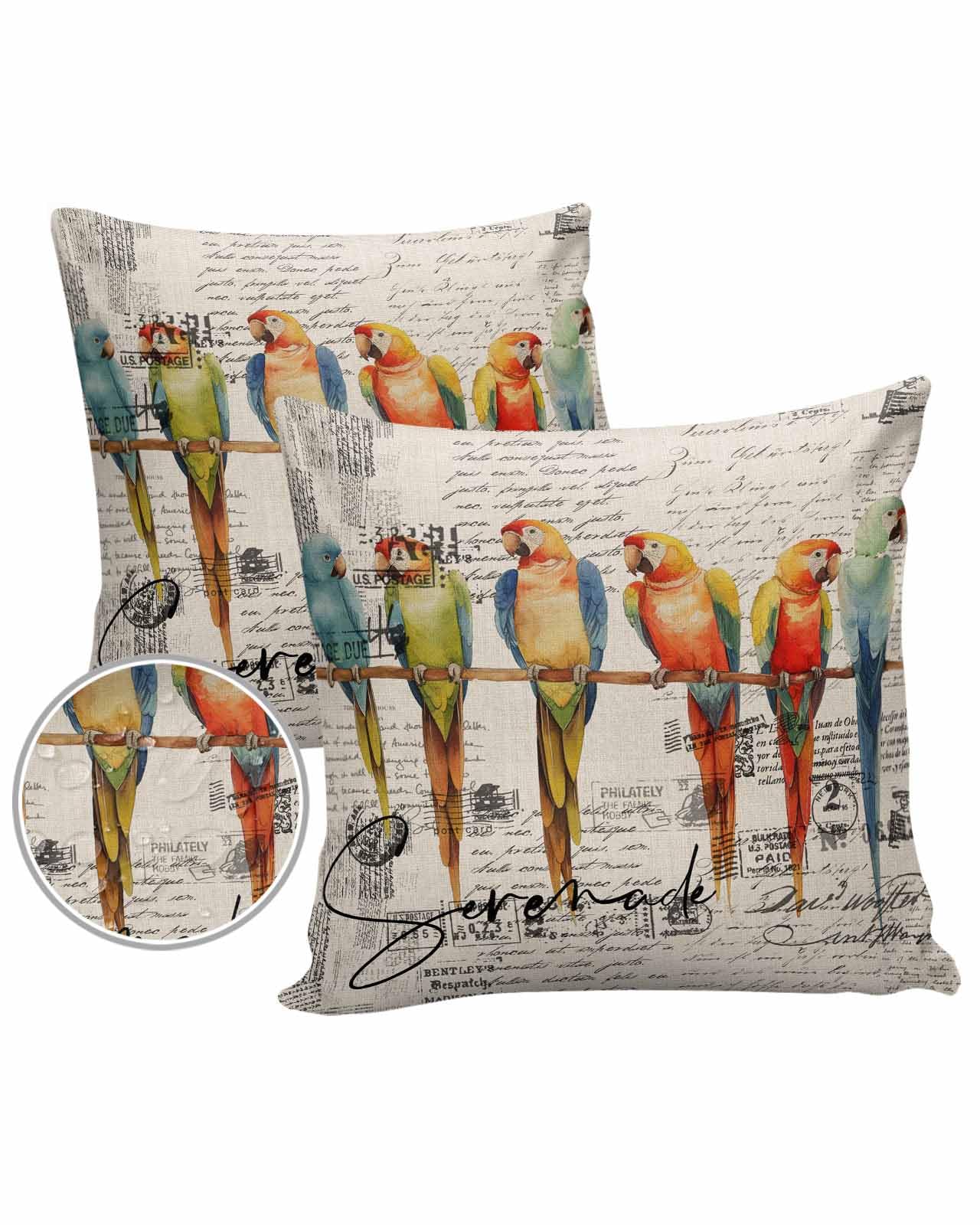Parrots Beige Outdoor Pillow Cover 26x26 Inch Cushion Sham Case,Waterproof Decorative Square Throw Pillowcase for Outside Patio Porch Couch Chair Tent Vintage Colorful Tropical Animal Bird Newspaper