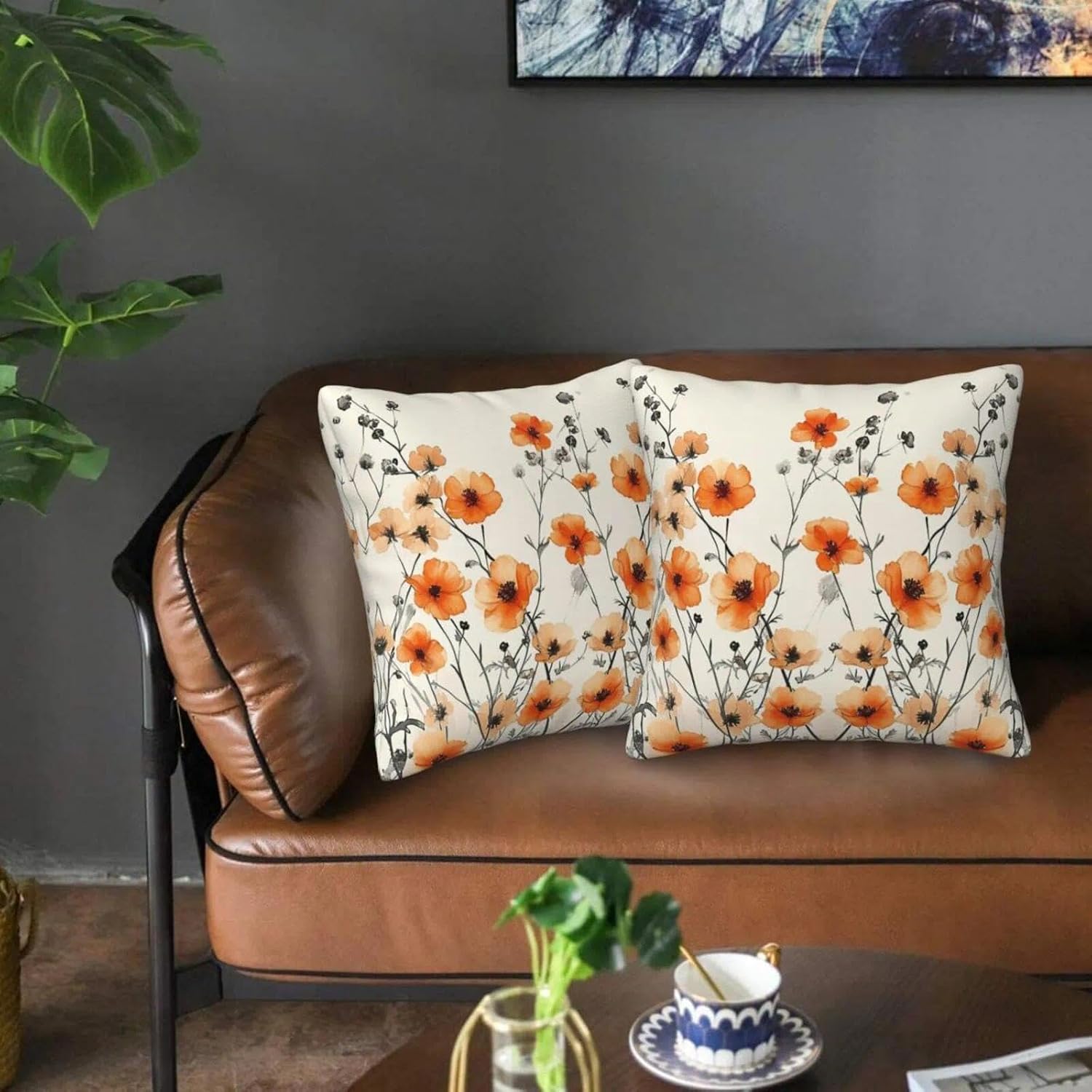 Orange Floral Throw Pillow Covers 18x18 Inch Set of 2 Decorative Burnt Orange Square Cushion Cover Taupe Abstract Art Painting for Sofa Bedroom Living Room Couch Home Decor image 3