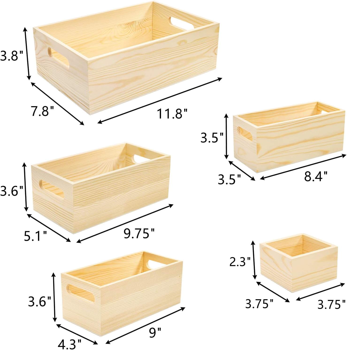 Frcctre 6 Pack Unfinished Wooden Box, 5 Sizes Natural Pinewood Nesting Storage Organizer Container Crafts Box with Handle Rustic Treasure Boxes for Arts Crafts, Storage, Home Decor