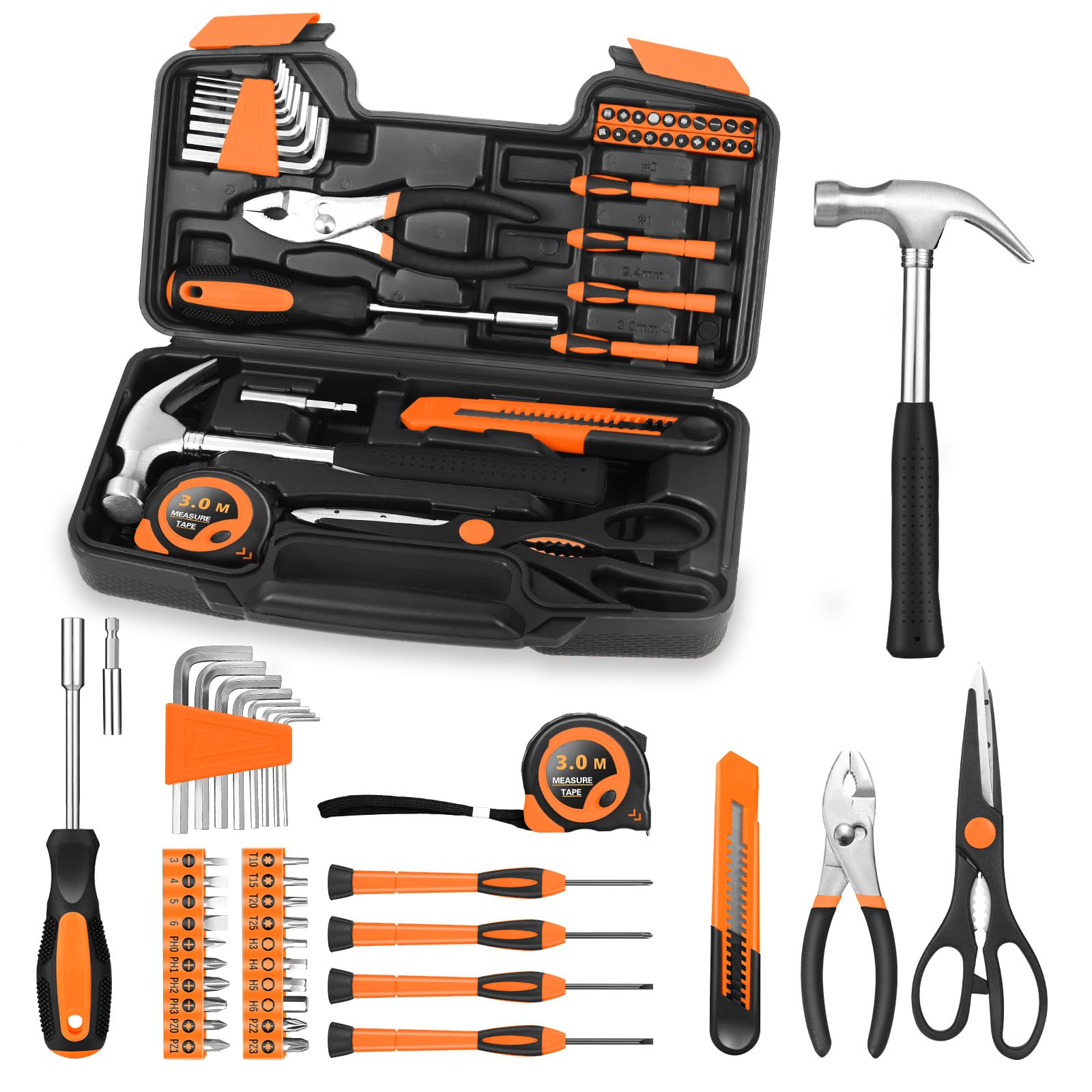 HANGYING 39-Piece Tool Set Household Hand Kit with Plastic Toolbox, Orange
