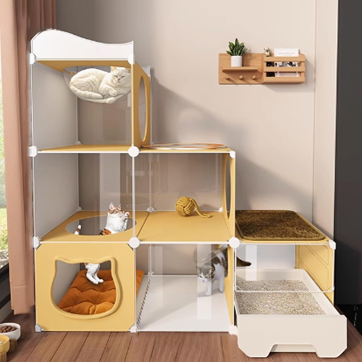 Cat Cage, Catio Indoor Cat Enclosure, Enclosed Cat Playpen, Cat Enclosure with Enclosed Litter Box and Transparent Cat Kennel for Ferret, Chinchilla, Small Animals(107x47x117cm)