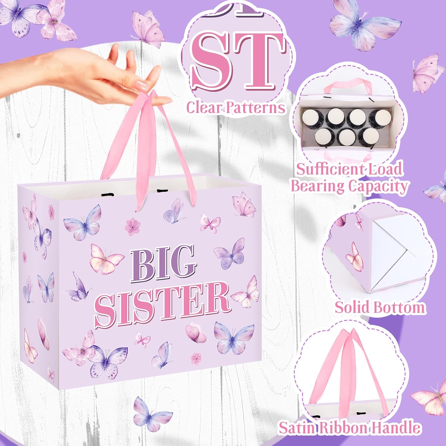 Big Sister Gift Bag for Girls, Butterfly Theme Big Sister Gift Bag with Tissue Paper and Greeting Card Light Purple Wrapping Paper Cute New Sister Party Decoration for Little Girl Birthday Party Supplies