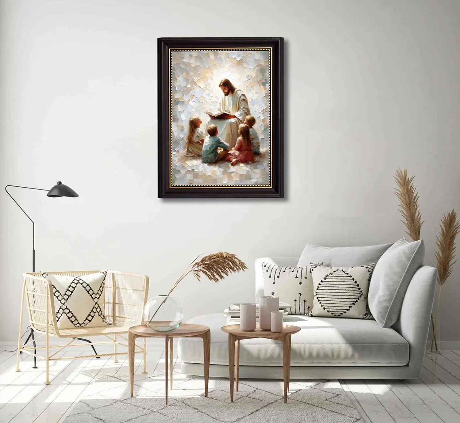 Dark Brown Framed Jesus Teaching Kids Canvas Wall Art Christian Children Room Wall Decor Picture Children Of God Watercolor Poster Print for Kids room living room bedroom home decoration