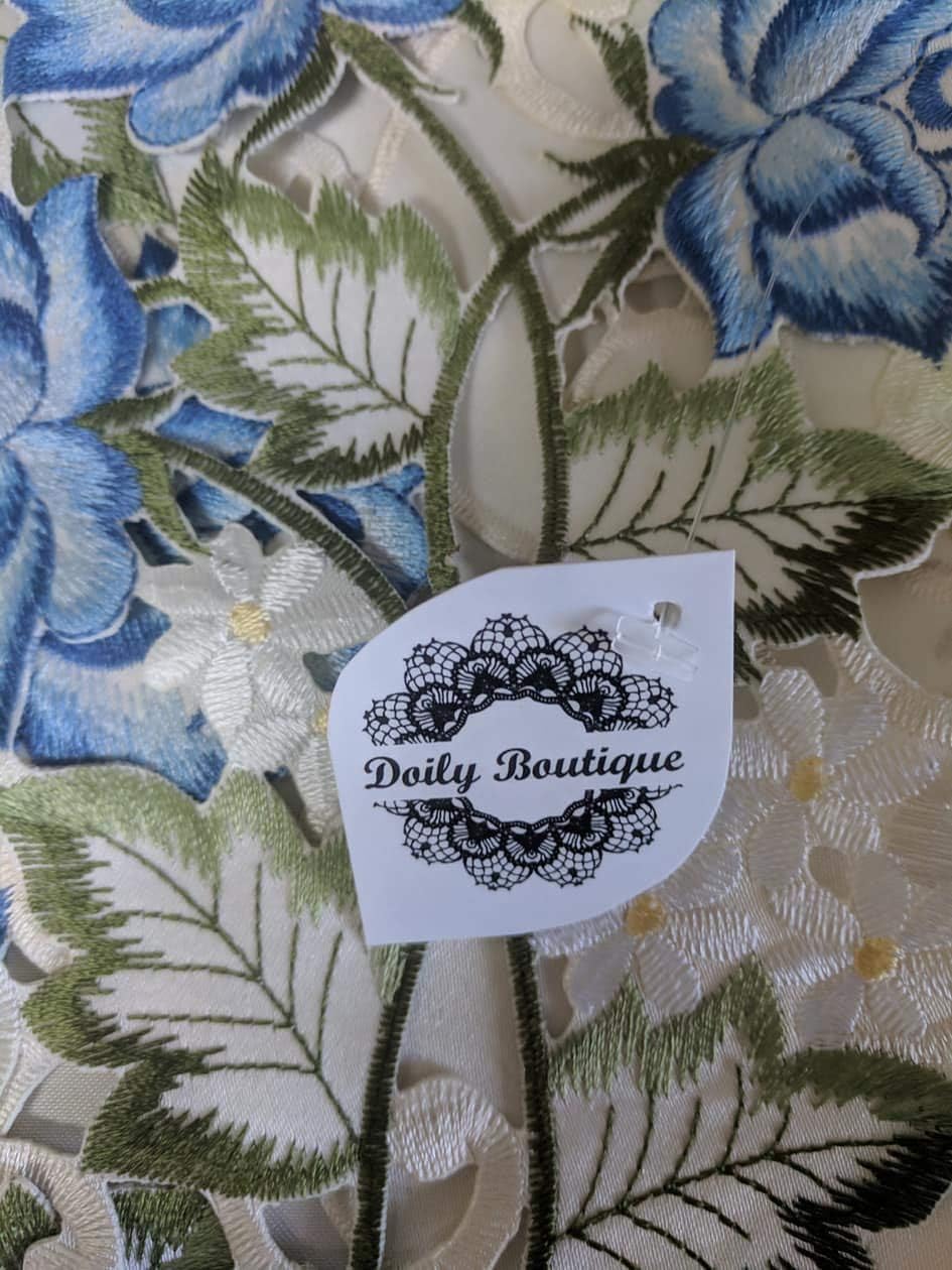 Table Runner Embroidered with Victorian Blue Roses on Ivory Material, Size 34 x 15 inches