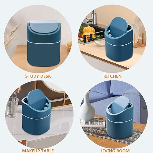 Miniatura 7 de Mini basurero de escritorio con tapa oscilante, pequeño bote de basura para encimera, tocador, mesita de noche, etc. Gratis 90 bolsas (azul)