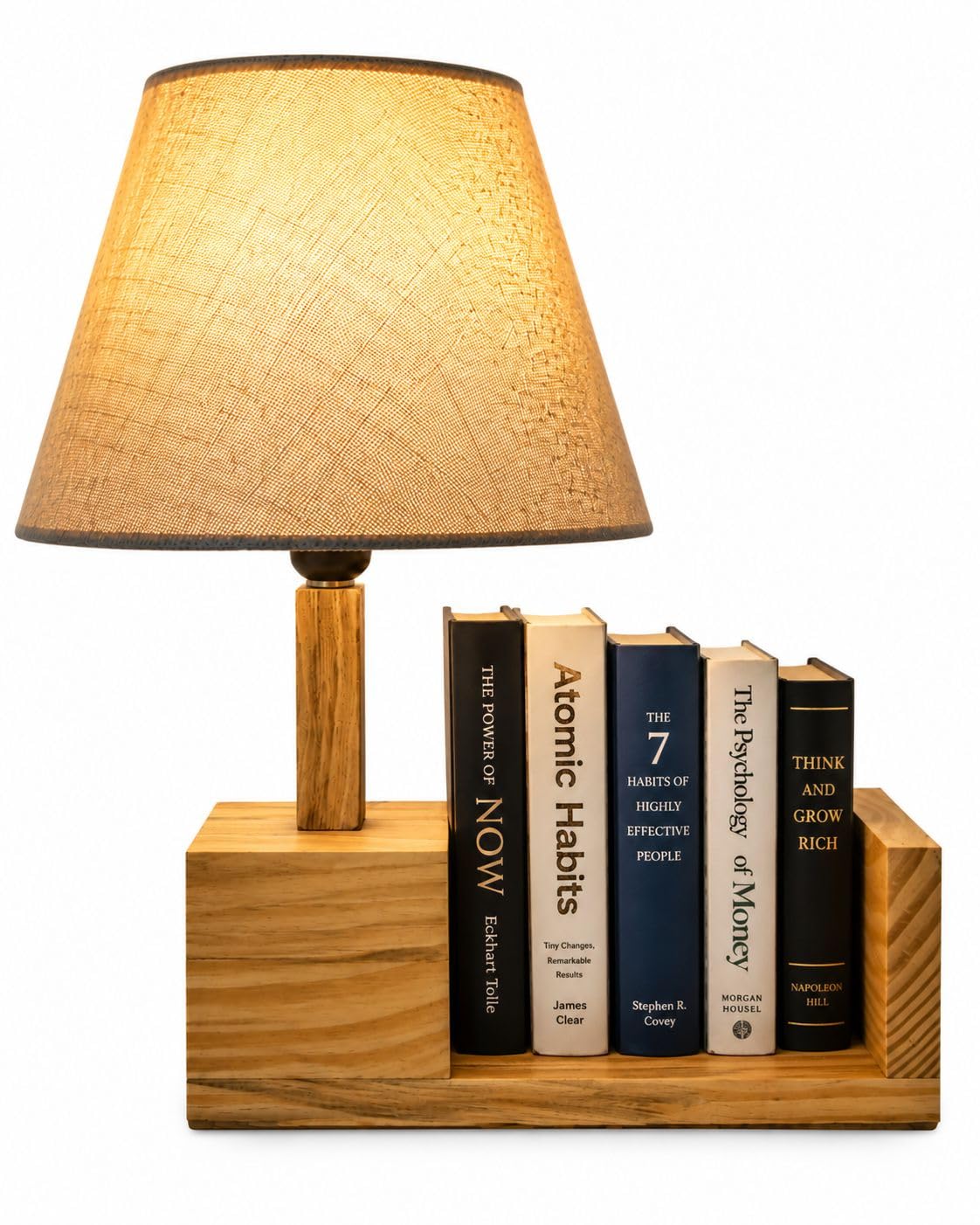 Wooden Table Lamp with Bookshelf Stand | Modern Bedside Lamp with Fabric Shade | Decorative Night Lamp for Bedroom, Study & Living Room – Brown Wood Finish-image-41