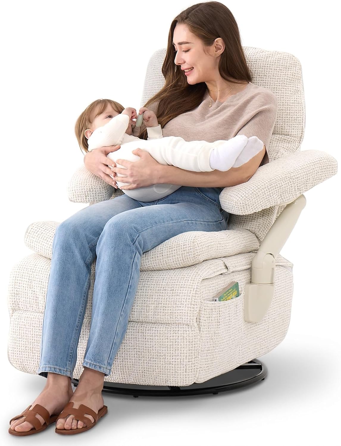 MAMAZING Lullacloud Nursery Swivel Glider Recliner Chair with Adjustable Armrests and Headrest, Low 15.3" Seat Height for Petite Moms, Silent Rocking Motion, Removable Cover, OEKO-TEX Certified, Beige