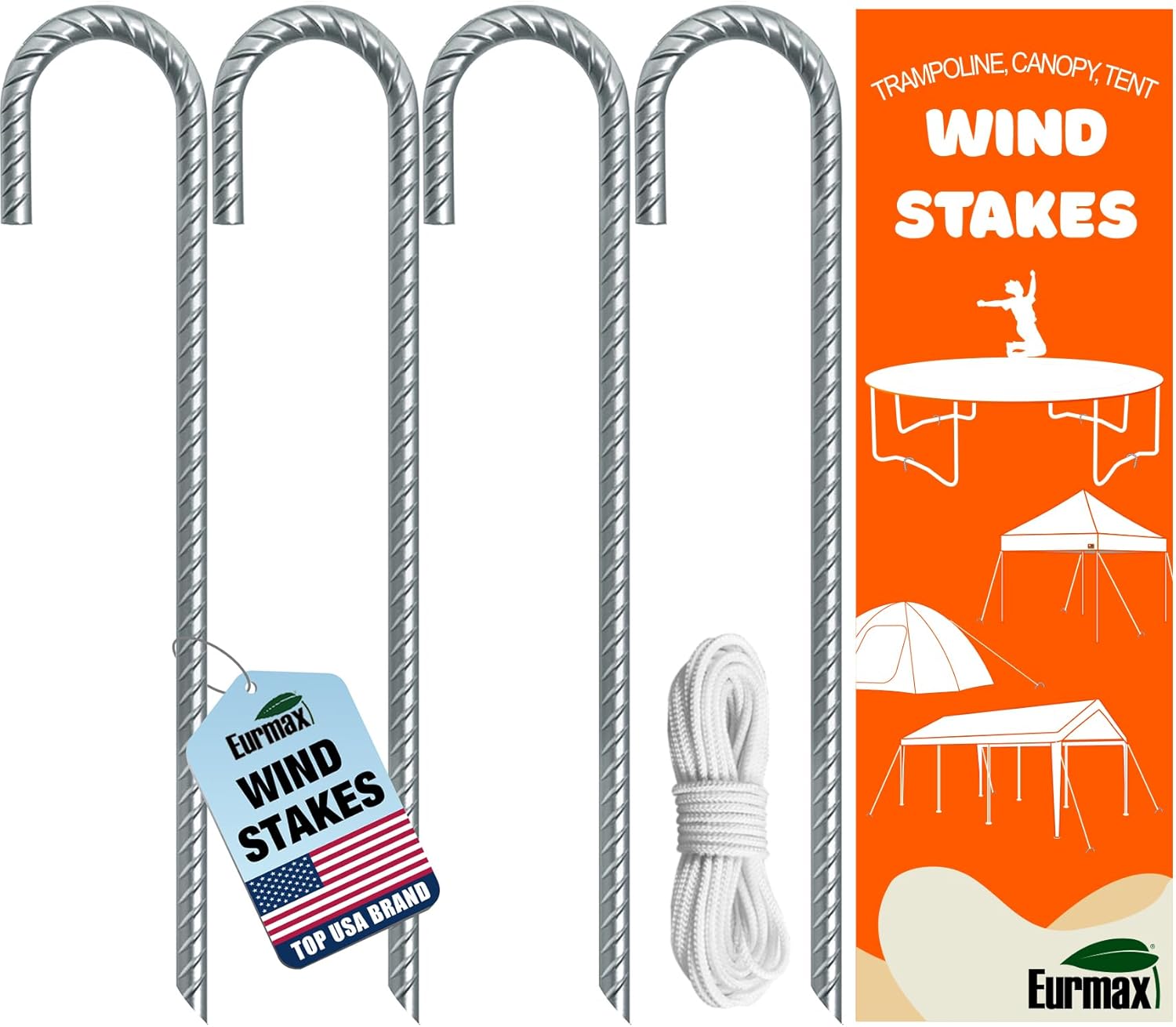 Eurmax 12 Inch Heavy Duty Galvanized Steel J-Hook Trampoline Stakes - Rust-Resistant Ground Anchors for Tents, Canopies, Swing Sets, Pack of 4