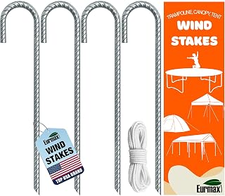 Eurmax 12 Inch Heavy Duty Galvanized Steel J-Hook Trampoline Stakes - Rust-Resistant Ground Anchors for Tents, Canopies, Swing Sets, Pack of 4