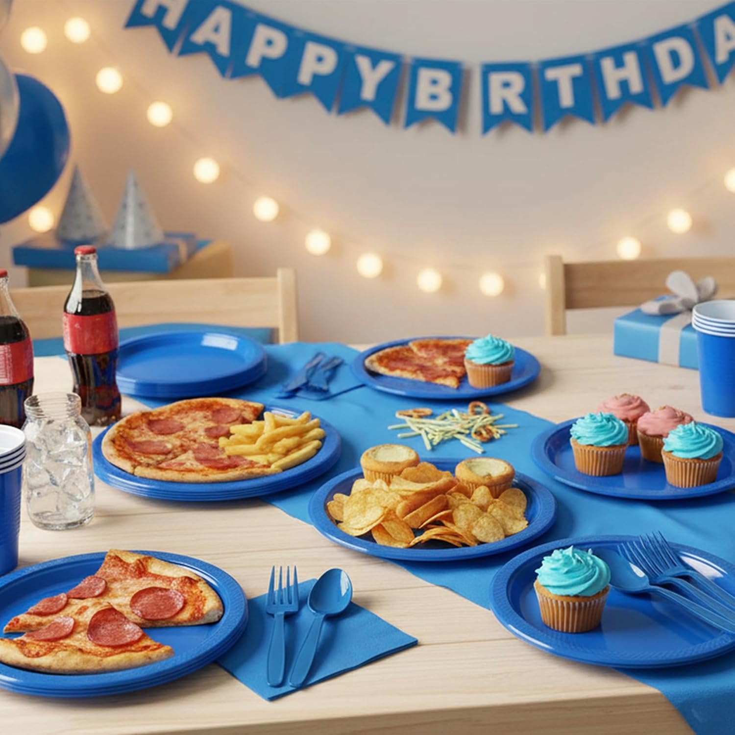 Blue Plastic Plates for Party,50 Guest - 7&9inch Plate,Napkins,Forks,Cups & Tablecloths,Disposable Party Supplies for Birthday,Graduation,Picnic,Father's Day Partys