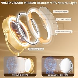 VESAUR 8.5\'\' Large Gold Lighted Makeup Mirror, 1X/10X Clear Seamless Magnifying Mirror, Bright Vanity Mirror with 3 Colors Dimmable Lights, Two-Sided 360Rotation Stable Base, Luxury Nickel, Gift Box