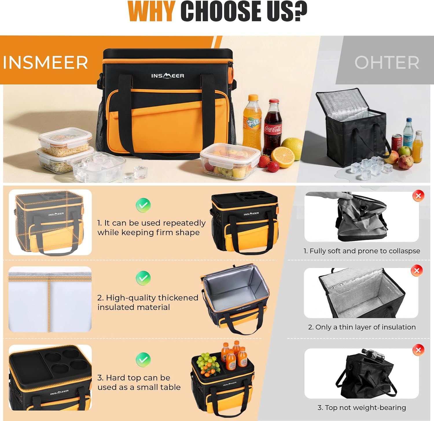 INSMEER Soft Cooler Bag with Hard Shell & 4 Cup Holders, 55 Cans 40L Collapsible Soft Sided Cooler, 100% Leakproof Insulated Cooler Bag Portable for Beach Travel Camping Picnic