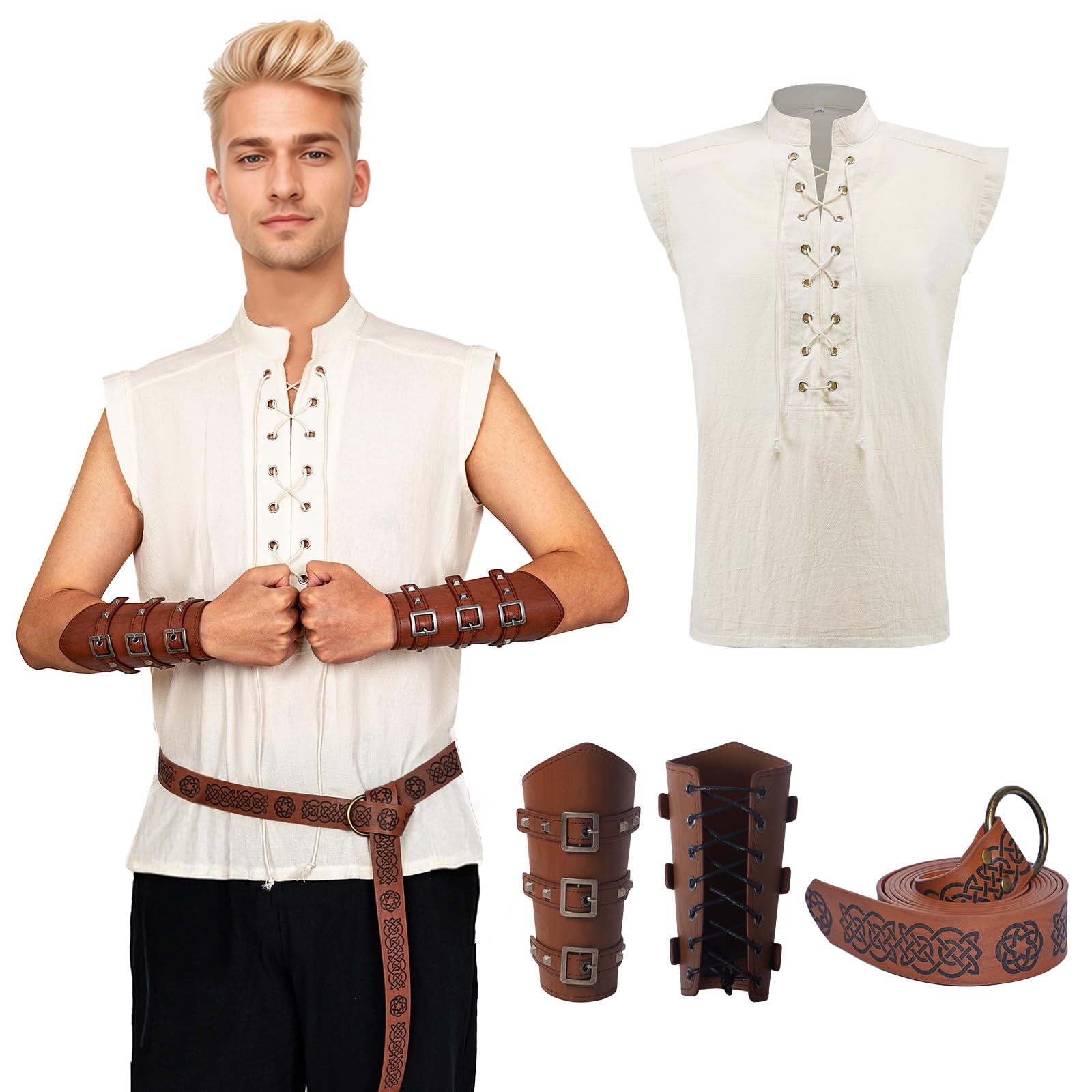 Conjunto de ropa medieval renacentista, camisa con cordones para hombre, disfraz vikingo con cinturón, accesorios de protección de muñeca, camisa de lino victoriana sin mangas