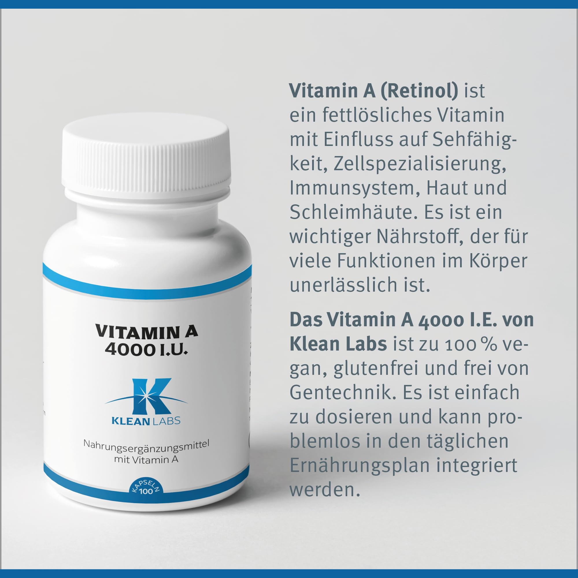 Vitamin A 4000 i.E. - 100 Kapseln - vegan, ohne Gentechnik, glutenfrei, ohne unerwünschte Zusätze - zur Erhaltung normaler Sehkraft & Schleimhäute