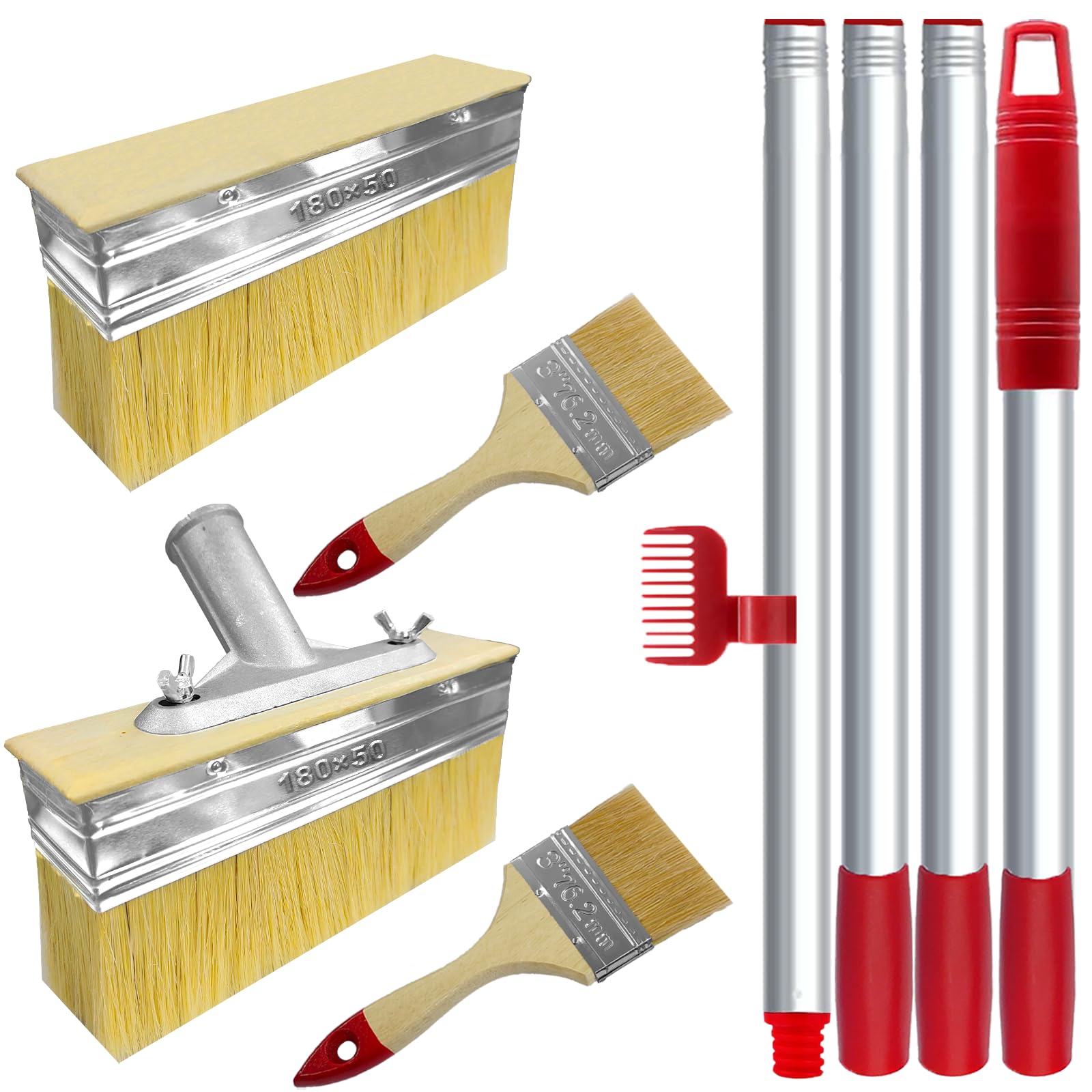 Fatmass Red 2 Pack Large Paint Brush 7"Decking Brush,Long Handled Paint 60"Deck Stain Applicator With 3" Paint Brush For Woodstains, Oils, Decking, Fence,Wall And Furniture