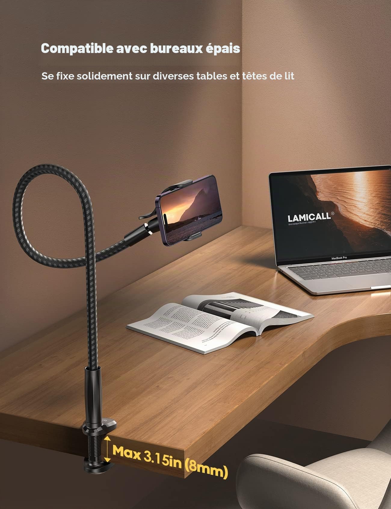 Lamicall Support Téléphone avec Col de Cygne, [Nouveau Tissé en Nylon] 97cm Bras Flexible, Pince Réglable à 360°, Support Téléphone Lit pour iPhone 17/16/15/14/13/12 Pro Max, Autres Smartphones 4-7”