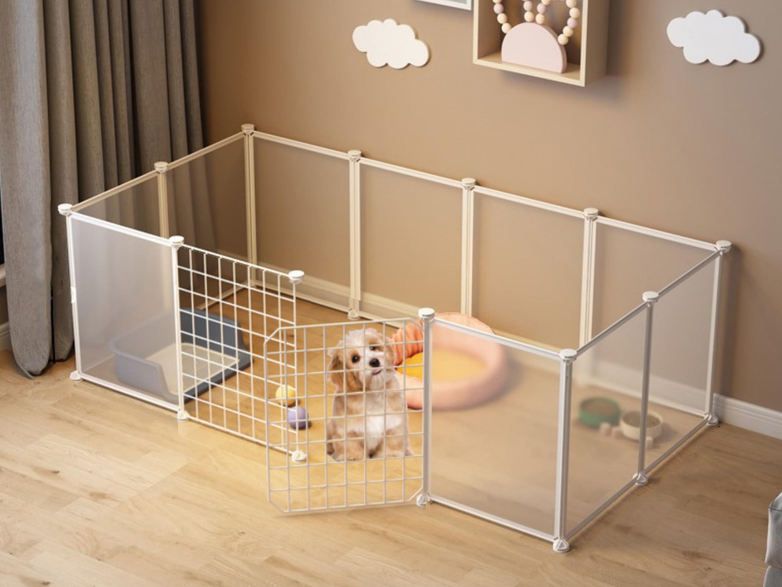 Portable Transparent Frosted White Pet Courtyard Fence With Door Cat Cage Indoor Detachable Small Animal Cage DIY Design, Suitable For Ferrets, Rabbits, Hedgehogs, Guinea Pigs
