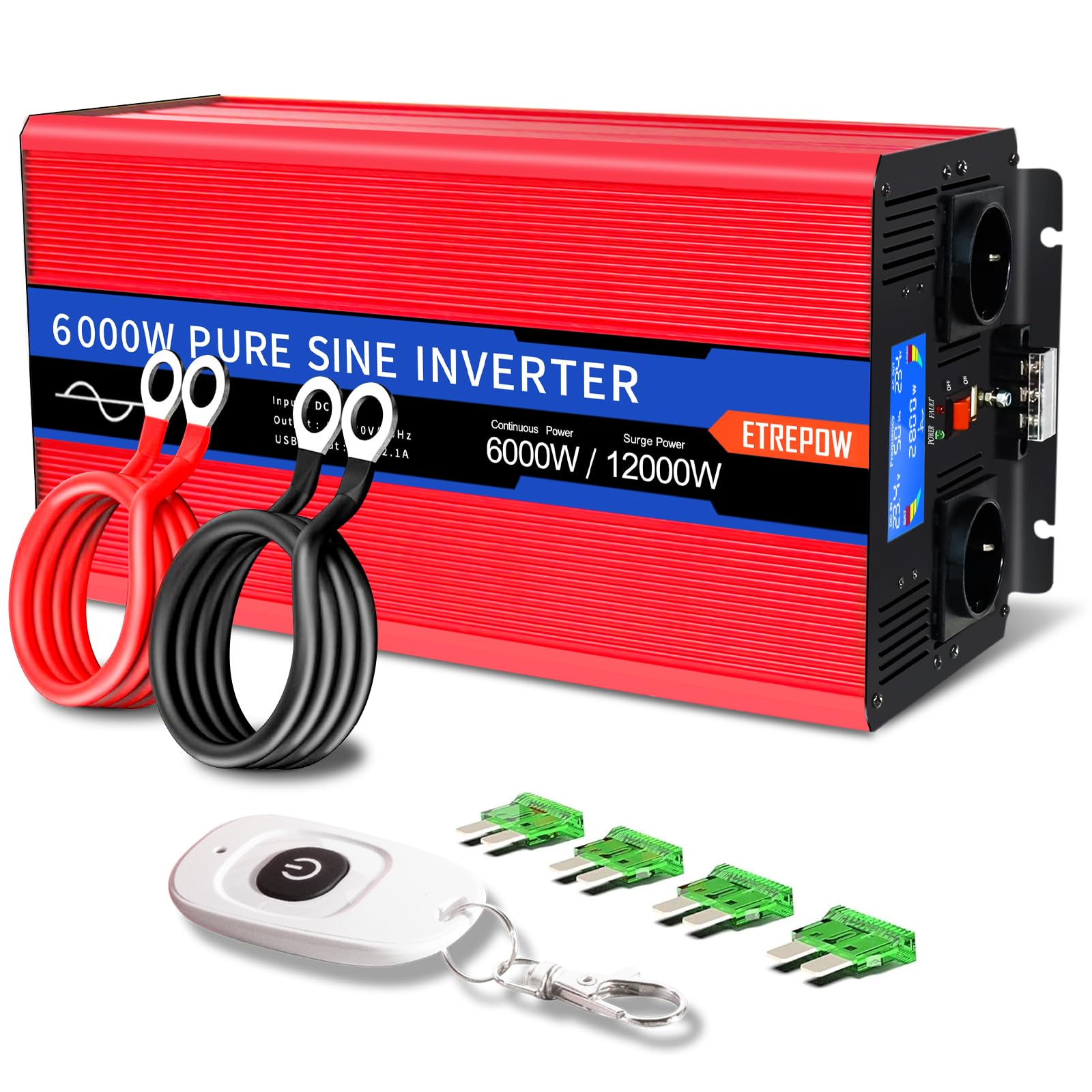ETREPOW Inversor 24v 220v Onda Pura 3000w/6000w Convertidor de Voltaje con 2 enchufes EU y USB, Mando a Distancia inalámbrico,Pantalla LCD para Sistemas solares, caravanas, Coches, Camping — view 18