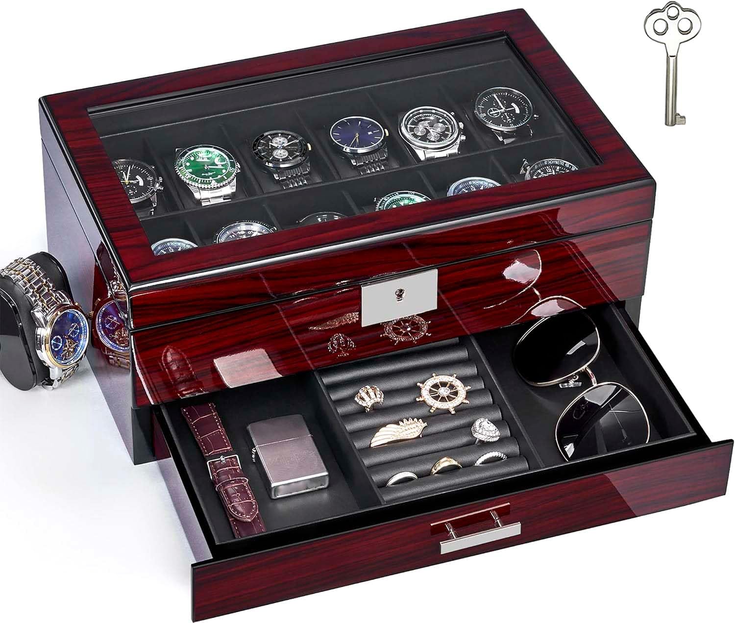 - 12 Slot Watch Cases, Watch Box with Large Glass Lid and Lockable