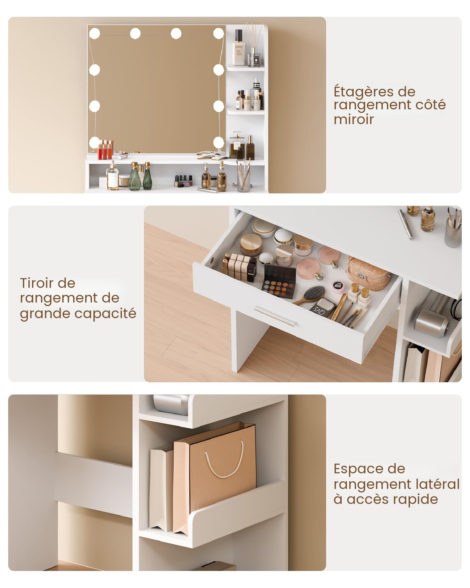 Mondeer Coiffeuse en Bois 10 LED, 7 Niveaux, 1 tiroir, Blanc, 67x36x138 cm | Structure bois solide. LED réglables. Largeur67 cm, idéal petit espace. 7 étagères, 1 tiroir cosmétiques, bijoux.
