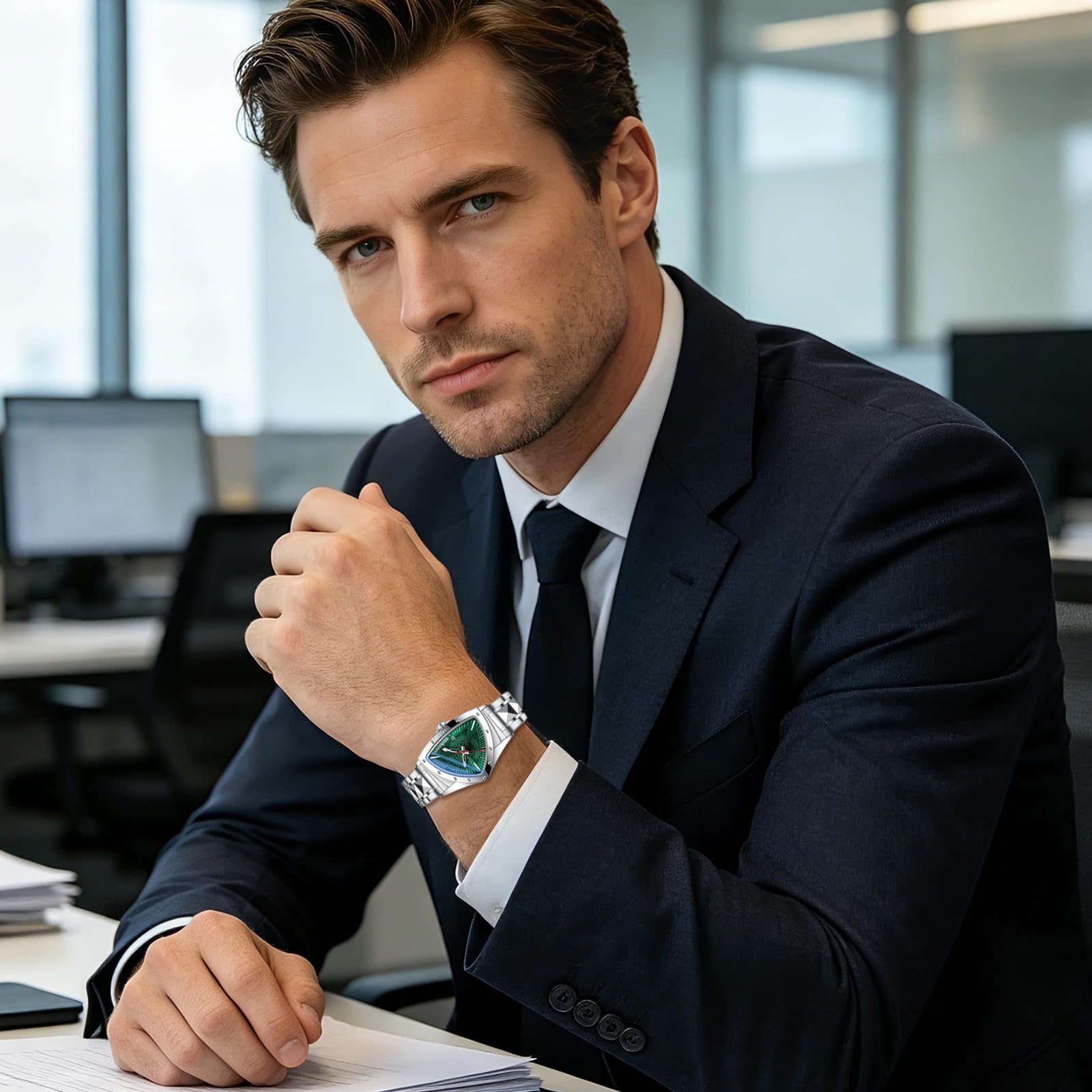 JewelryWe Reloj de Hombre Cuarzo Analógico: Caja Triangular, Correa de Acero Inoxidable, Agujas Luminosas, Índices Luminosos, Calendario, Resistente al Agua, Reloj Negocios,Regalos para Hombres