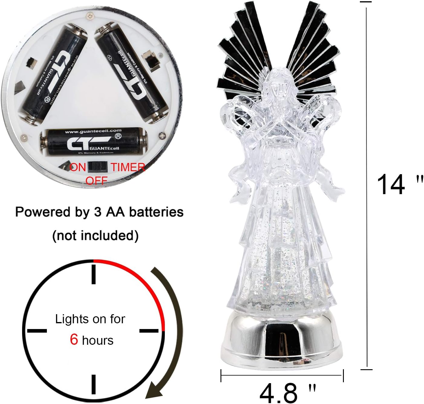 DRomance 14" Angel Snow Globe Lantern Battery Operated with 6 Hour Timer Color Changing LED Light Praying Angel Swirling Glitter Water Lamp Thanksgiving Christmas Holiday Decor Gift