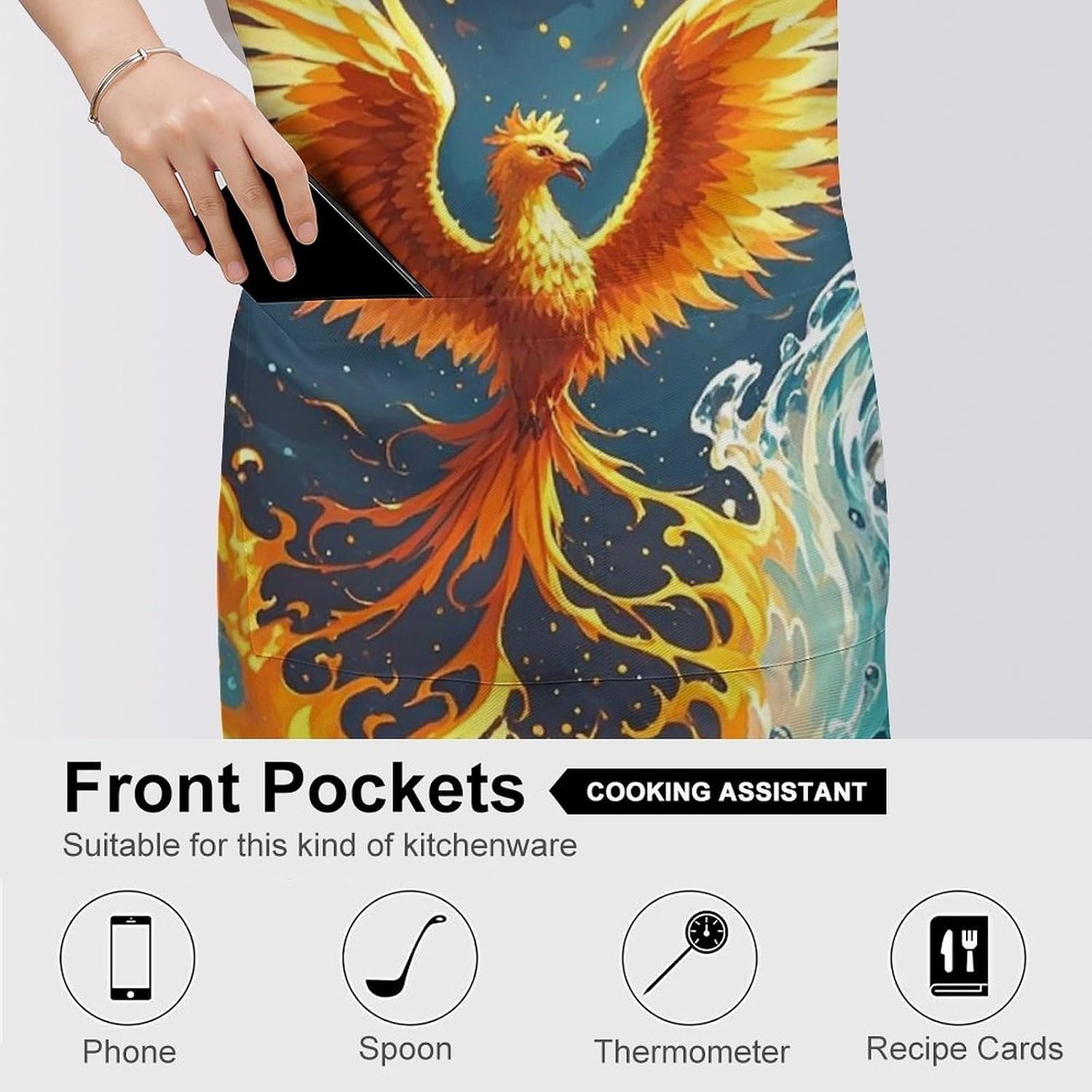Fire And Water Phoenix Apron for Cooking Kitchen Chef Aprons with Pockets Unisex Professional Adjustable Bib Aprons Restaurant Waterdrop Resistant Apron for Men Women Waiter