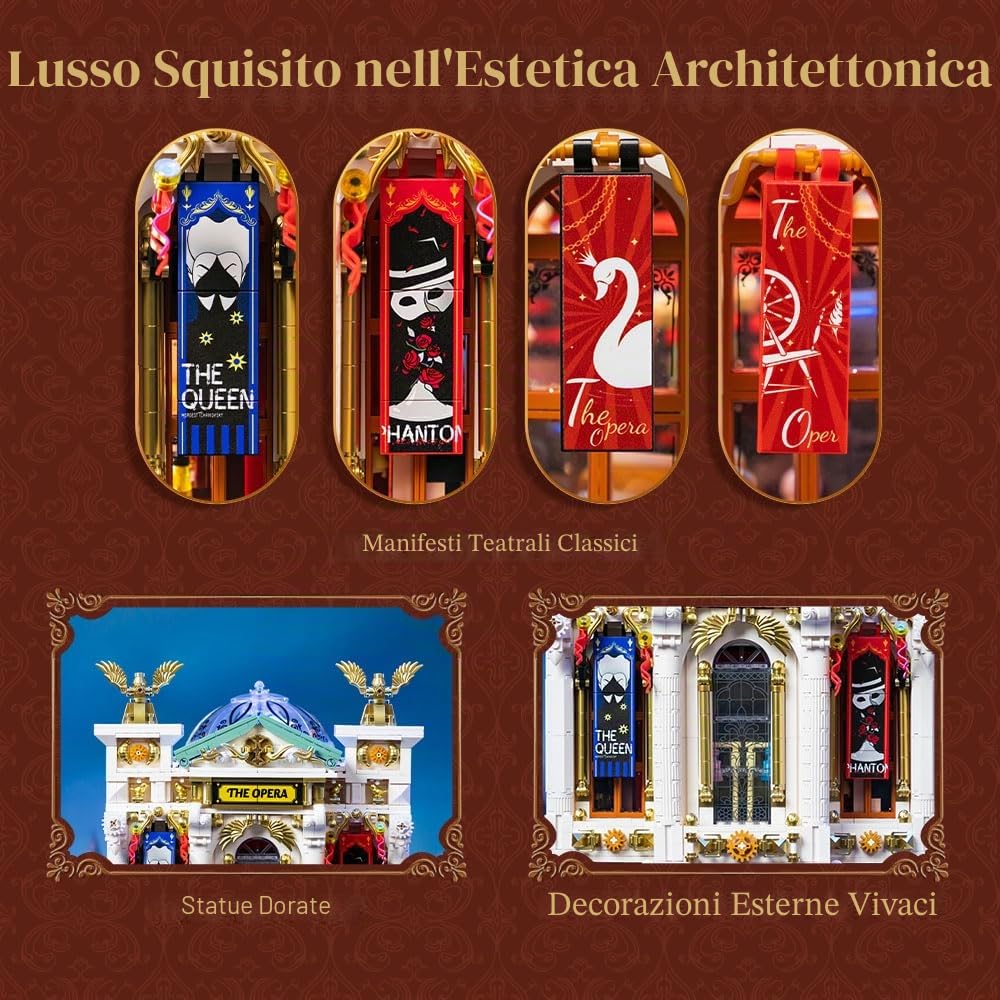 PANTASY Vintage European Grand Theater Building Set, Modello Modulare con Lampadario di Cristallo, Cupola Trasparente Scenari Urbani Espandibili Teatro Retrò da Collezione per Adulti