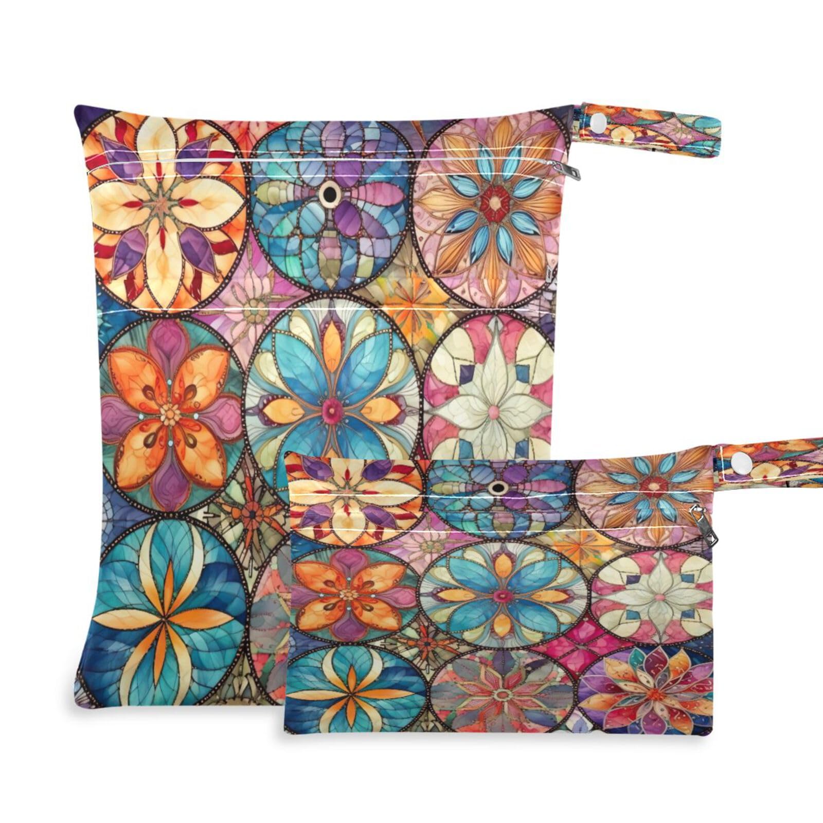 ATTX Colorful Oriental Textile Tile Wet Dry Bags 2-Pack - Reusable Cloth Diaper Storage for Travel, Beach & Gym | Multi-Use Waterproof Bags for Swimsuits, Baby Clothes, Sports Gear#264