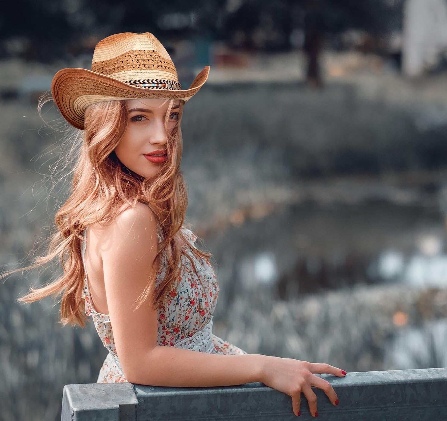 Cowboy Cowgirl Straw Hat with Bands for Women - Western with Wide Brim for Coastal Sun Beach Summer Ivory