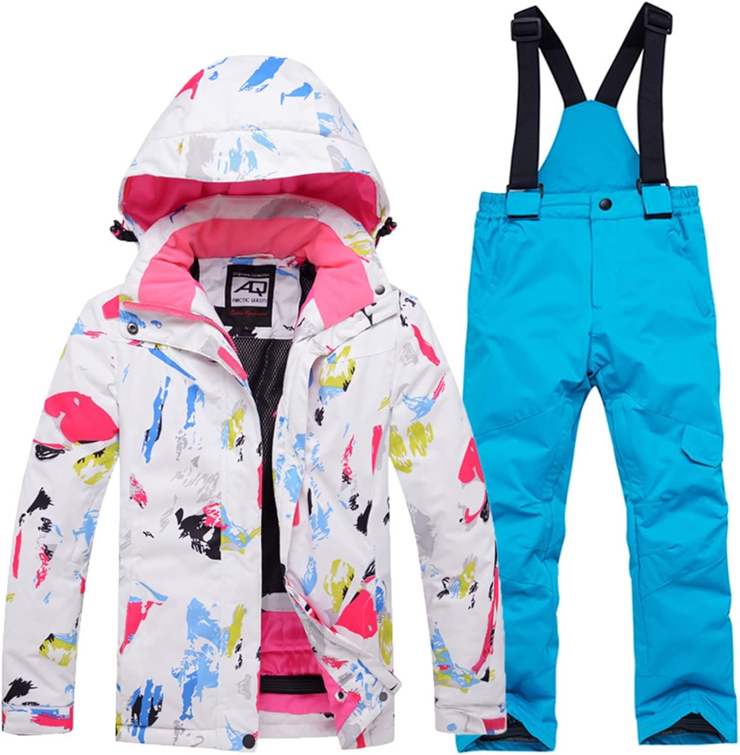 Kids Winter Snowsuit Package, Big Girls Ski Jacket and Pants Set, Warm Hooded Snowsuit Waterproof Ski Jacket Snowbib Set